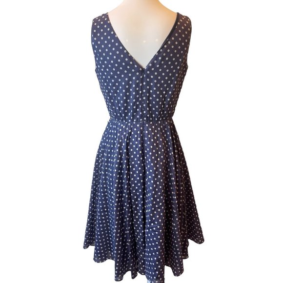 Nine West Womens Polka Dots Fit & Flare Dress Back Zip V Neck 100% Cotton Navy 4 - Picture 2 of 9